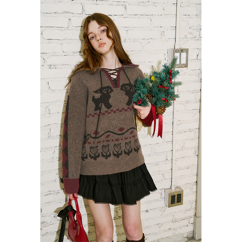 DIDDIMODA复古连帽针织毛衣