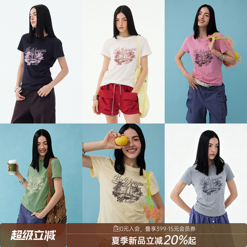 DIDDIMODA复古椰林度假做旧印花圆领六色短袖T恤女夏2026新款