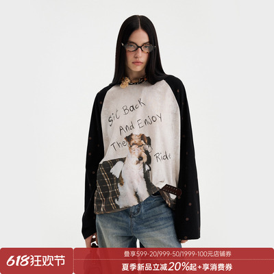 DIDDIMODA“天使小狗”印花拼色插肩袖黑白色长袖t恤女夏2026新款
