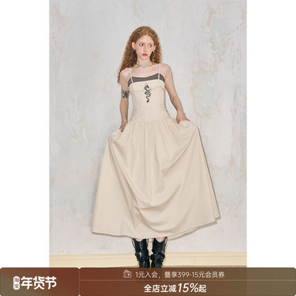 DIDDIMODA 设计感胶印龙胸前翻折撞色拼接吊带裙长款连衣裙夏季