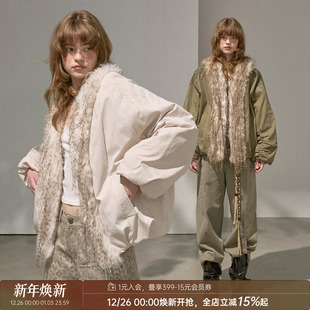外套棉服女 简约毛领绣花白色夹克冬季 DIDDIMODA 落肩立体时尚