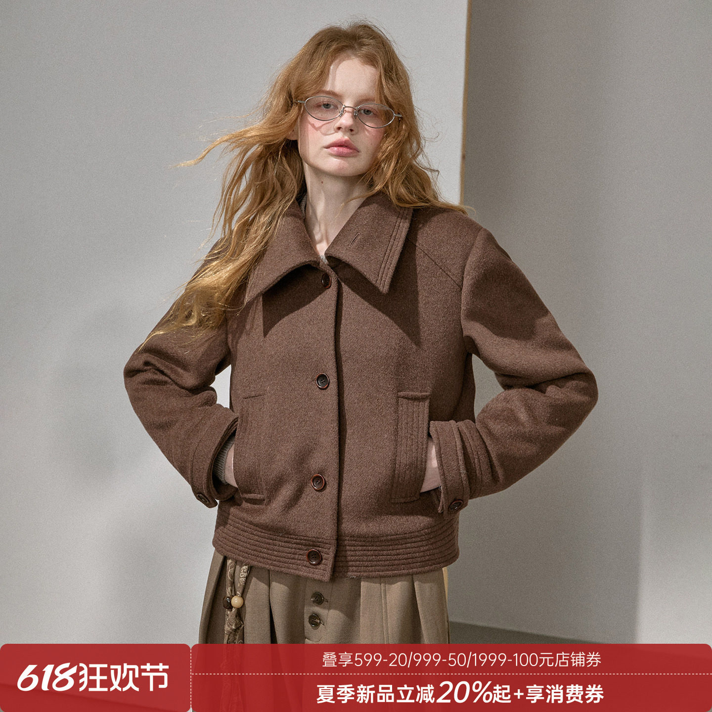 DIDDI MODA 翻领小版羊毛毛呢外套女翻领短款修身短外套2025冬季