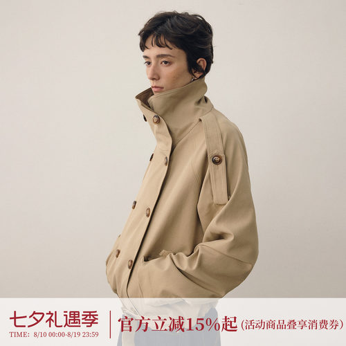 DIDDIMODA拼色大双排扣阔口高立领防风短款风衣外套女2026新款