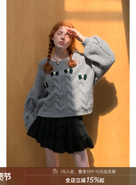 【清仓特惠】DIDDIMODA蝴蝶结灰色套头针织毛衣圆领宽松针织上衣