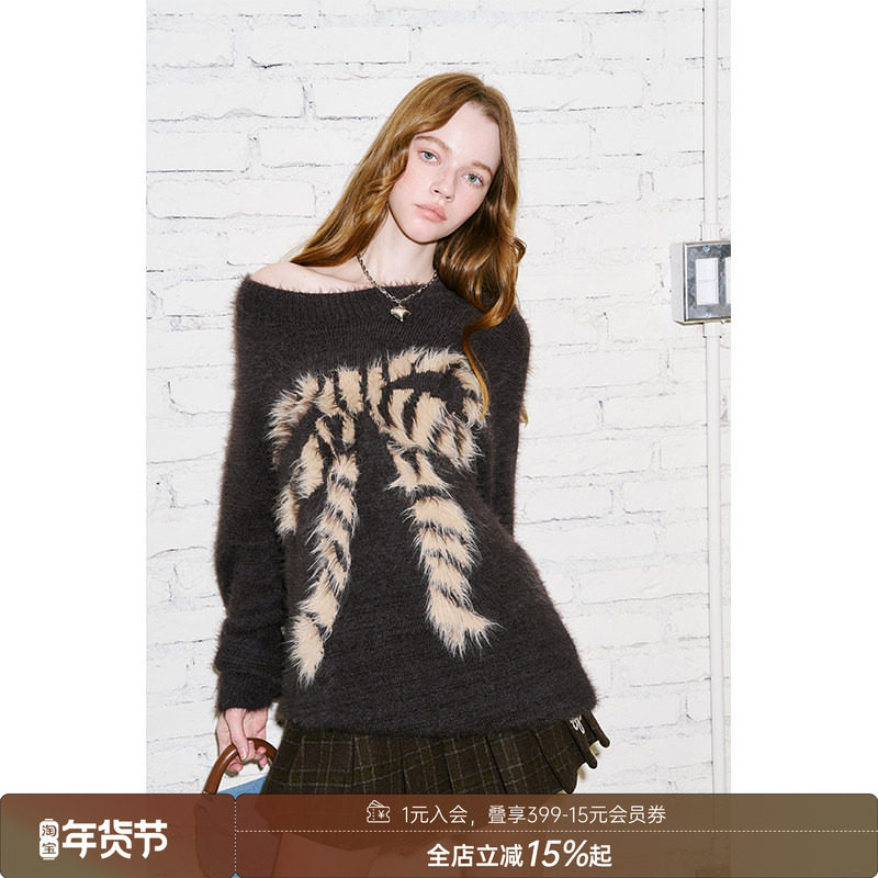 DIDDI MODA蝴蝶结针织高级感一字领针织毛衣仿貂毛拼接设计女上衣