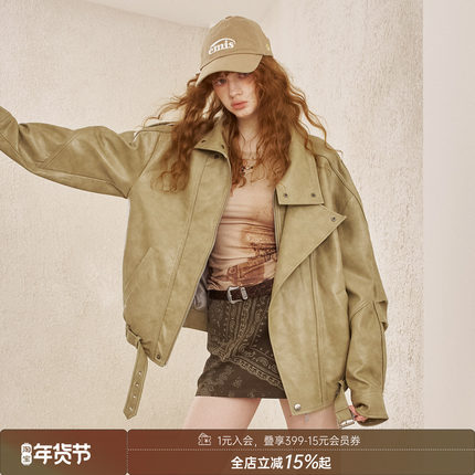 DIDDIMODA 嵌条分割机车长袖宽松短款皮衣外套2025年秋季新款