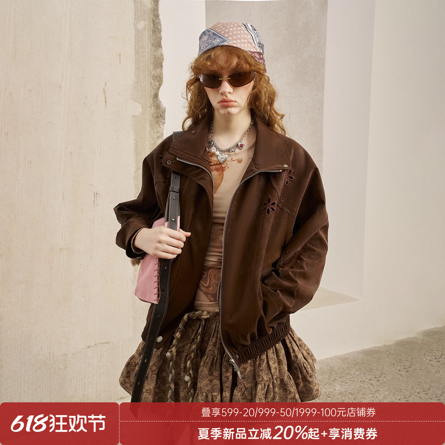 DIDDIMODA 镂空绣花挺括立领宽松长袖夹克皮衣外套女2025秋季新款