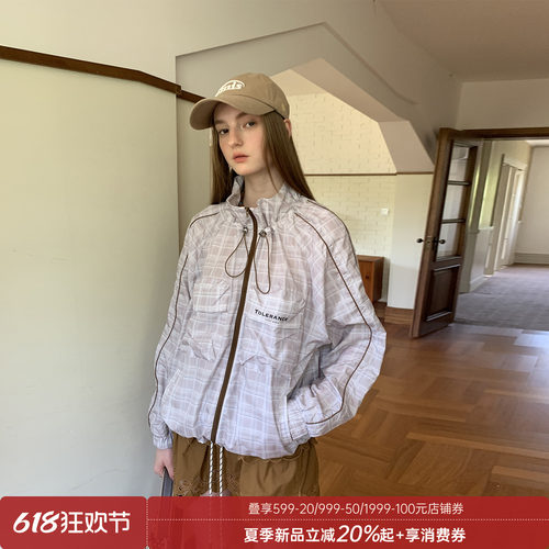 DIDDIMODA轻盈时尚简约口袋格纹印花宽松防晒服女夏薄款UPF50+