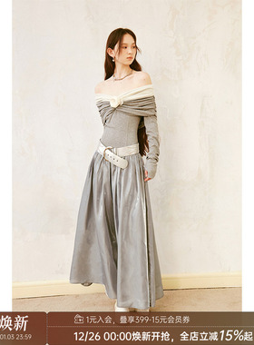 DIDDI MODA优雅气质一字肩立体玫瑰拼接连衣裙设计感修身宴会长裙