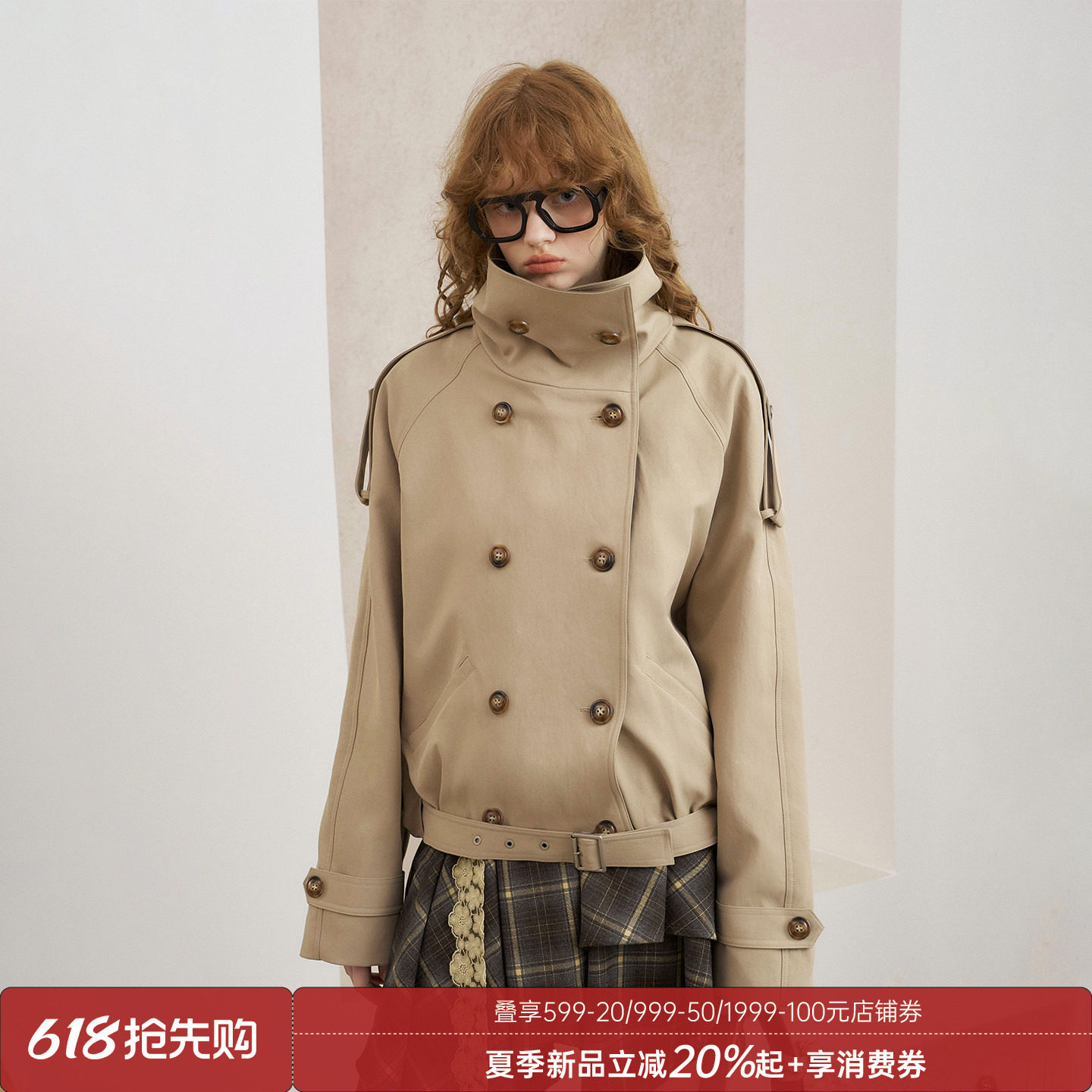 DIDDIMODA 拼色大双排扣立领防风宽松短款风衣外套春季新款