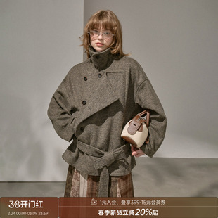 DIDDIMODA 翻领妮子羊毛混纺毛呢大衣女短款双排扣立领呢子大衣