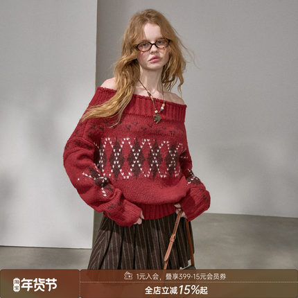 DIDDIMODA 粗针菱格一字肩上衣高级感慵懒风毛衣外穿2025新款冬