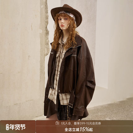 DIDDIMODA 高级感绒感肌理pu皮花苞宽松夹克立领机车皮衣外套