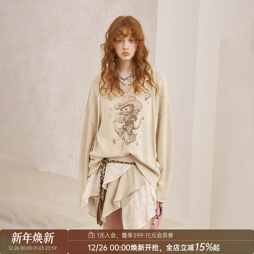 DIDDIMODA 牛仔猫印花v领套头宽松镂空罩衫针织衫初秋穿搭