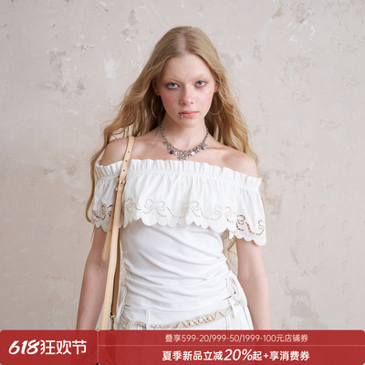 DIDDIMODA时尚简约波浪花边镂空绣花一字肩抽绳收腰小女夏上衣