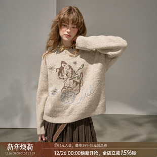 套头衫 毛衣刺绣可爱针织衫 玩毛球小猫圆领宽松长袖 DIDDIMODA