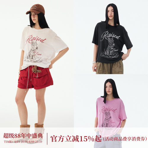 DIDDIMODA西高地趣味印花喷色做旧三色落肩短袖T恤女夏2026新款