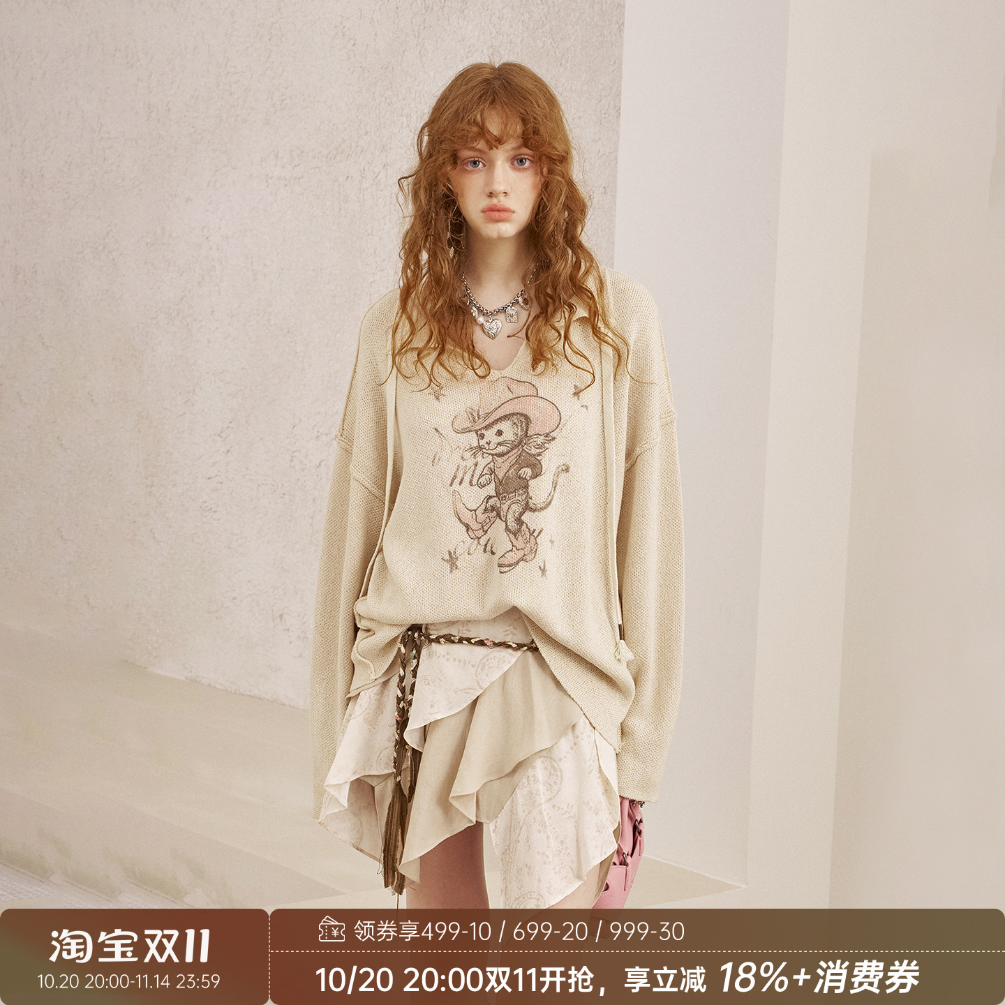 DIDDIMODA 牛仔猫印花v领套头宽松镂空罩衫针织衫初秋穿搭