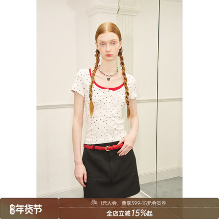 【清仓特惠】DIDDI MODA波点大领口假两件拼色修身短袖女上衣