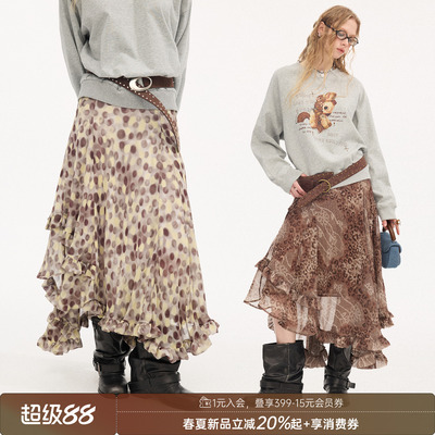 DIDDIMODA不规则下摆豹纹半身裙/波点雪纺不规则裙印花半裙女士