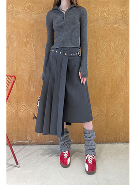 DIDDI MODA不对称设计气质拼接百褶长裙女高级感A字半身裙显瘦