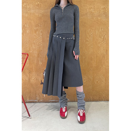 DIDDI MODA不对称设计气质拼接百褶长裙女高级感A字半身裙显瘦