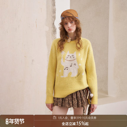 DIDDIMODA 魔法小猫宽松长袖慵懒风柔软套头针织毛衣女秋季新款