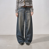 无缝猫须弯刀裤 新款 宽松阔腿复古做旧牛仔裤 冬季 长裤 DIDDIMODA