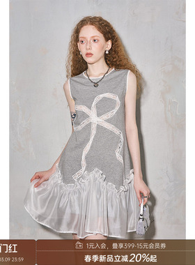 DIDDI MODA少女镂空蝴蝶结绣花无袖连衣裙宽松显高背心连衣裙温柔