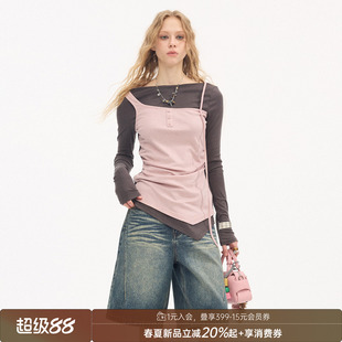 DIDDIMODA天丝羊毛假两件长袖T恤修身型粉色撞色公主风春季上衣