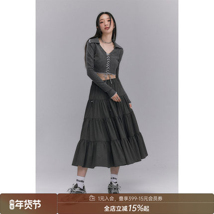 【清仓特惠】DIDDI休闲百搭卡其色塔裙a字褶皱层次感半身裙春夏