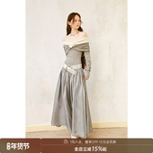 DIDDI MODA优雅气质一字肩立体玫瑰拼接连衣裙设计感修身 宴会长裙