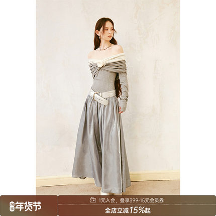 DIDDI MODA优雅气质一字肩立体玫瑰拼接连衣裙设计感修身宴会长裙