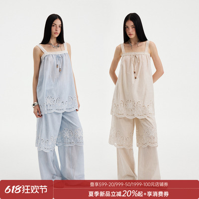 DIDDIMODA 条纹重工镂空刺绣吊带上衣假两件长裤套装女2026新款