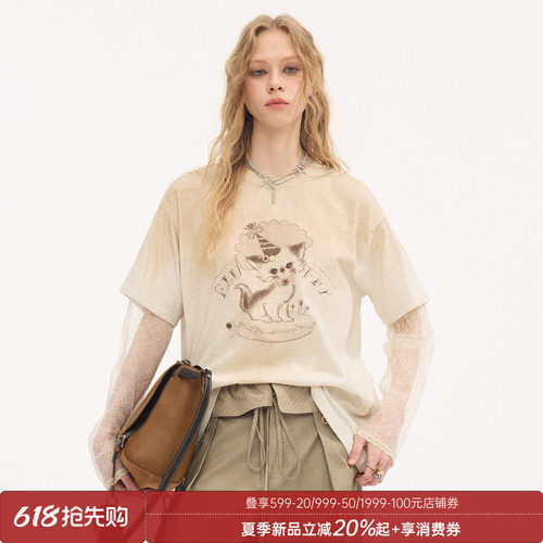 DIDDIMODA蛋糕小猫做旧假两件圆领米色出游短袖T恤女夏2026新款
