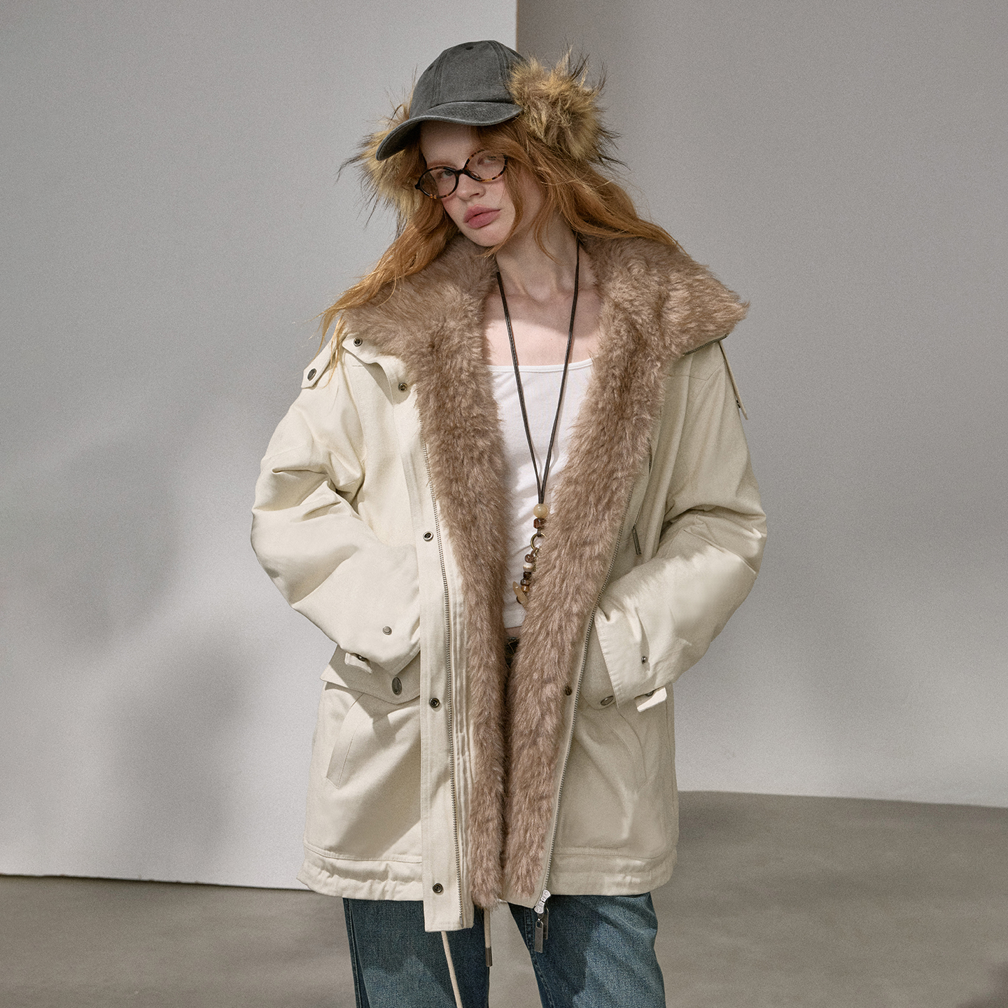 可拆卸毛领拼接派克服外套