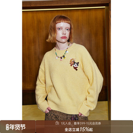 DIDDIMODA原创设计小猫围巾流苏刺绣软糯秋冬慵懒风圆领针织毛衣