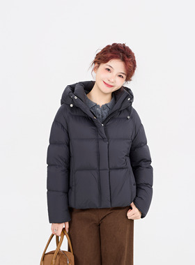 REST HEART 2025冬季新品 黑灰色短款白鸭绒连帽羽绒服