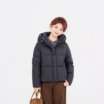 REST HEART 2025冬季新品 黑灰色短款白鸭绒连帽羽绒服