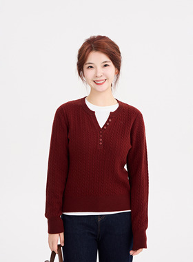 REST HEART 2025秋冬新品 复古剪刀领绞花红色针织毛衣