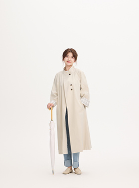 REST HEART 2025春季新品 立领撞色格纹中长款风衣