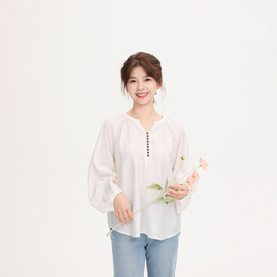 REST HEART 2025春季新品 V领宽松慵懒感亚麻衬衫上衣女