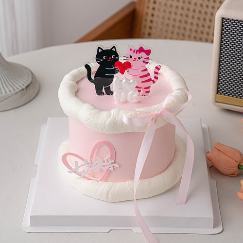 爱心情侣小猫亚克力蛋糕装饰插牌情侣告白love蜡烛七夕快乐插件
