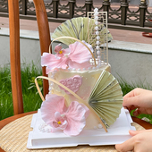 网红新中式 国风扇子蝴蝶兰花束蛋糕装 饰珍珠链子竹条木质屏风插件