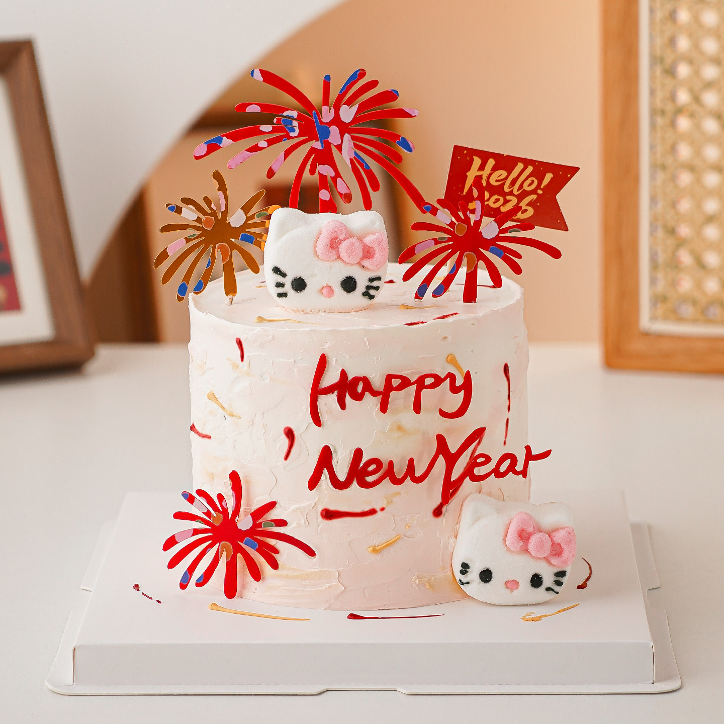 hello2026新年快乐蛋糕装饰亚克力礼花插件祈福小猫棉花糖摆件