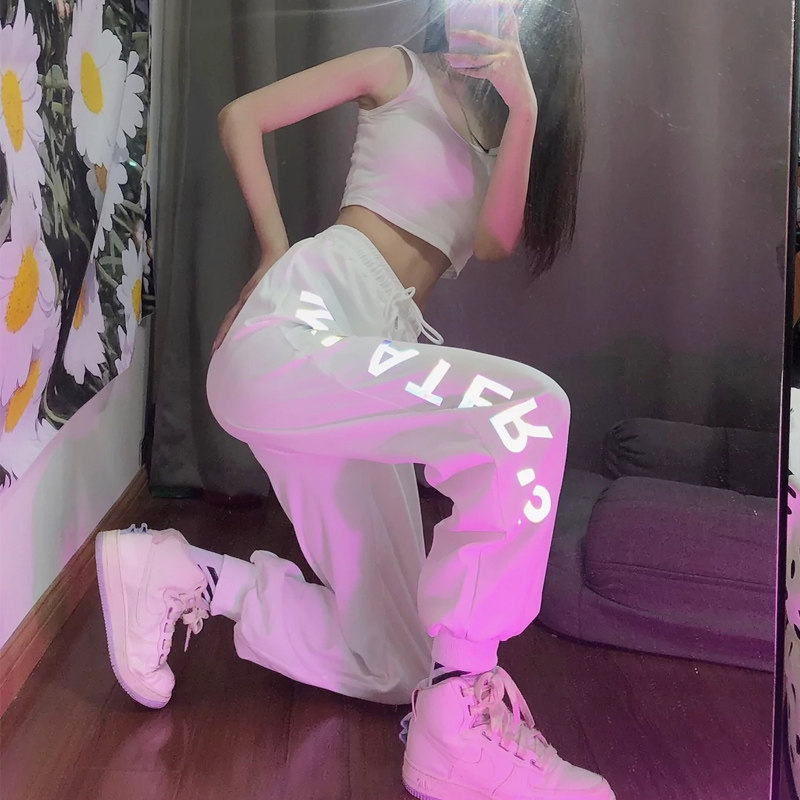 秋季速干jazz白色爵士休闲运动裤子女字母反光ins潮高腰束脚薄款