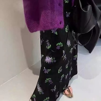 黑紫色碎花复古金丝绒半身裙