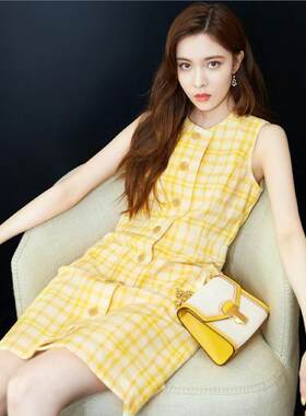 明星同款小香风黄色格子连衣裙