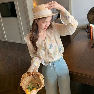 荷叶边碎花雪纺衬衫法式复古甜美小清新宽松V领薄款温柔上衣女夏