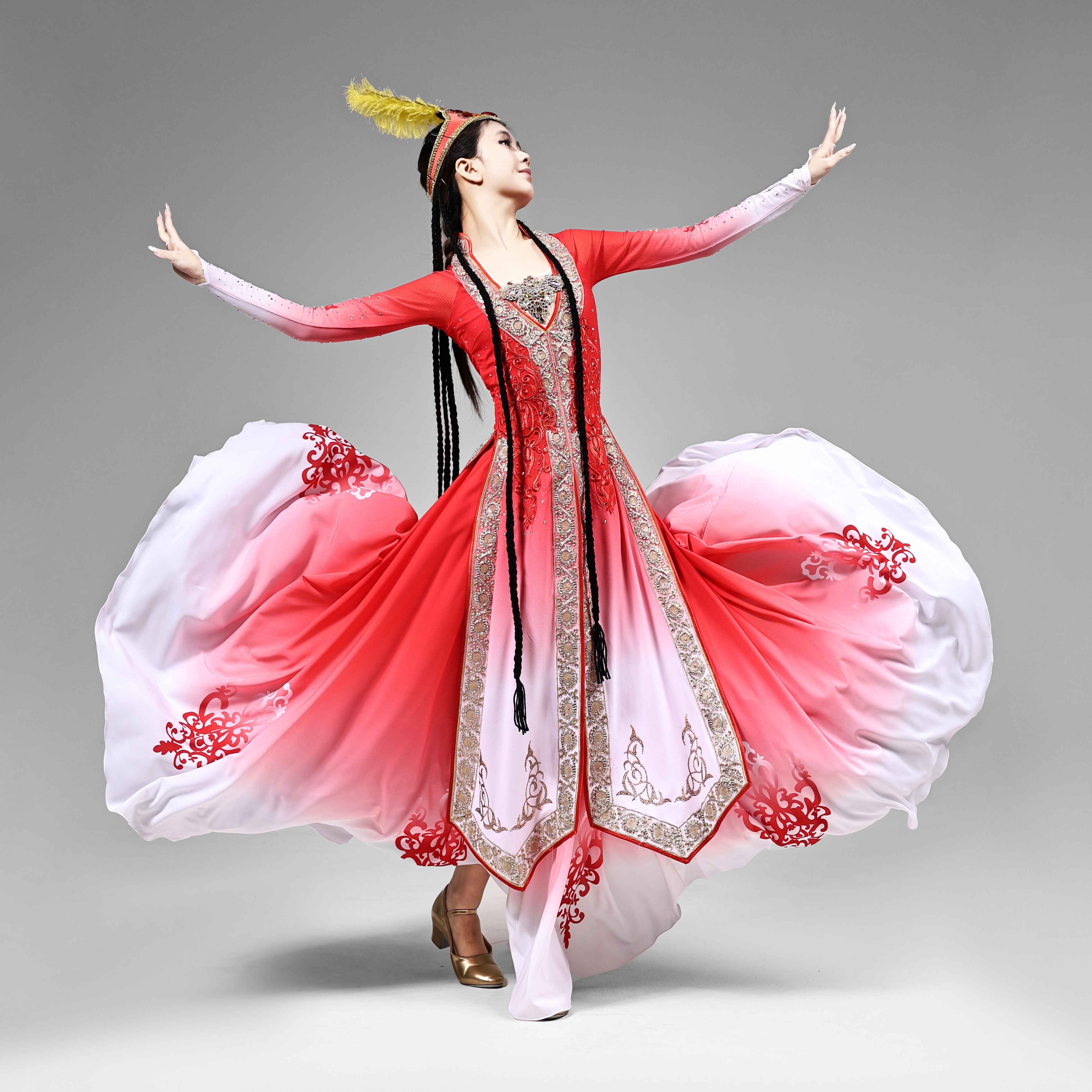 维族红色大摆裙独舞比赛套装女裙